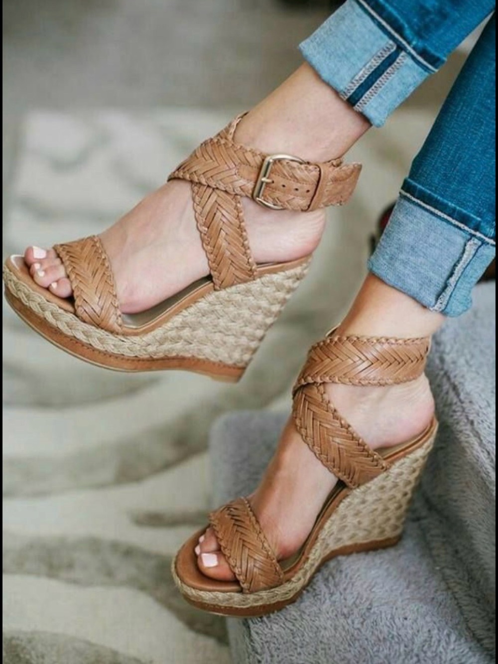 Stuart Weitzman Leather Braided Tan Wedge Sandals with Ankle Strap